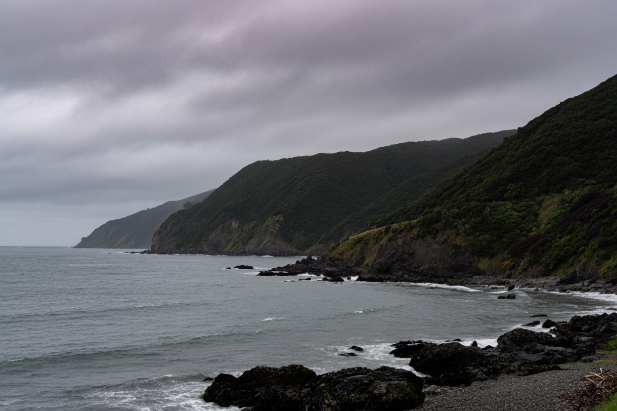 A New Zealand coastline, green hills meeting a grey sea